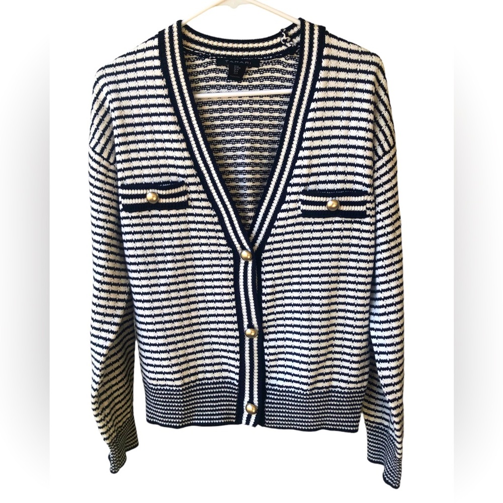 TAHARI White and Navy Blue Cardigan Sweater
